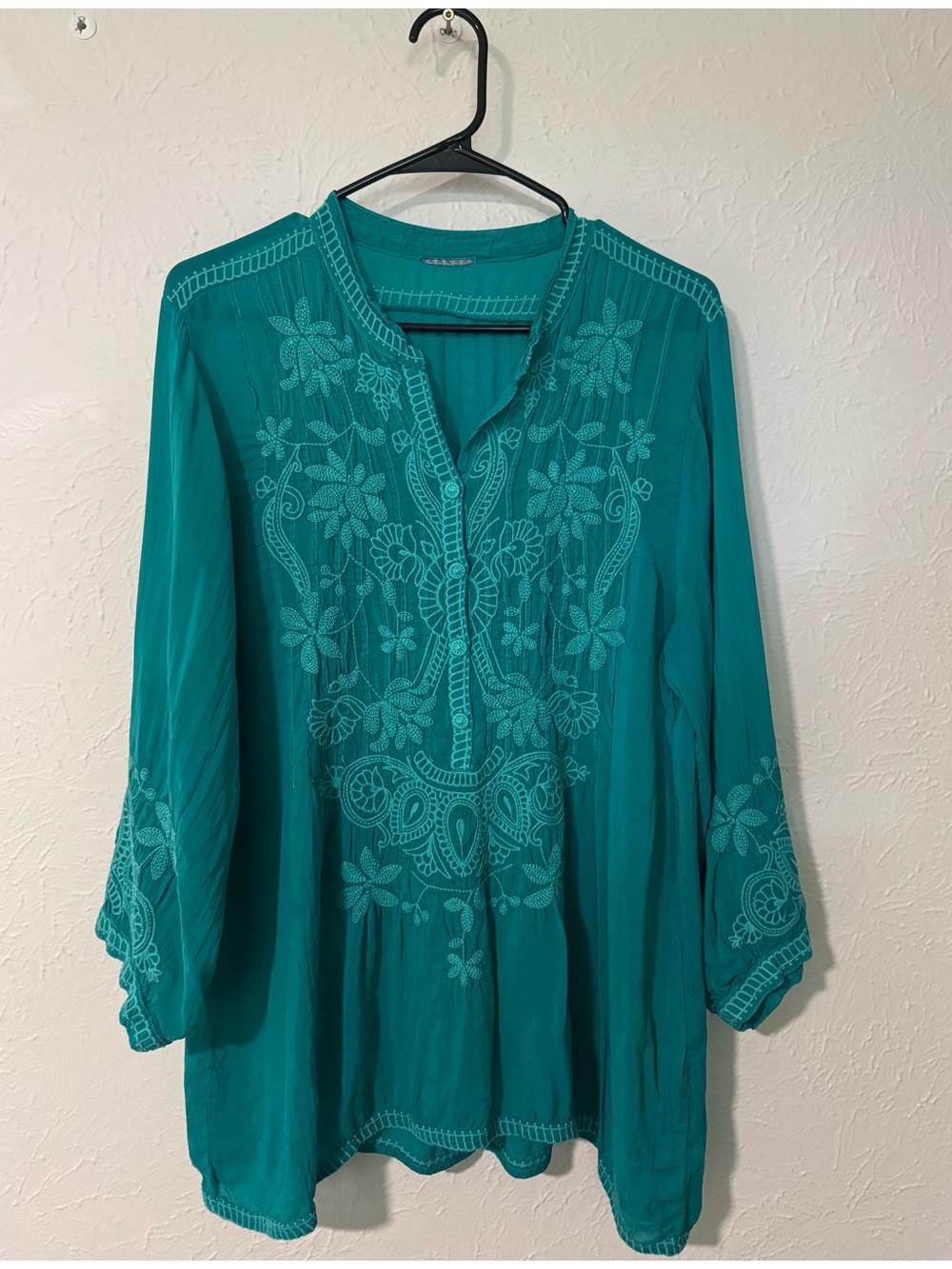 Turquoise Embroidered V-Neck Tunic Top - Women's L